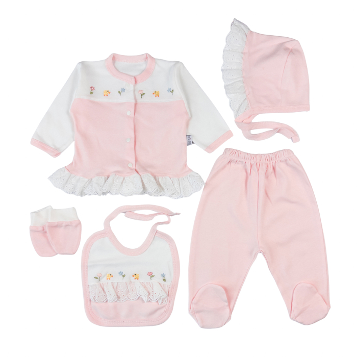 Set 5 piese pentru nou nascuti fetite, cu danteluță și floricele brodate [2]