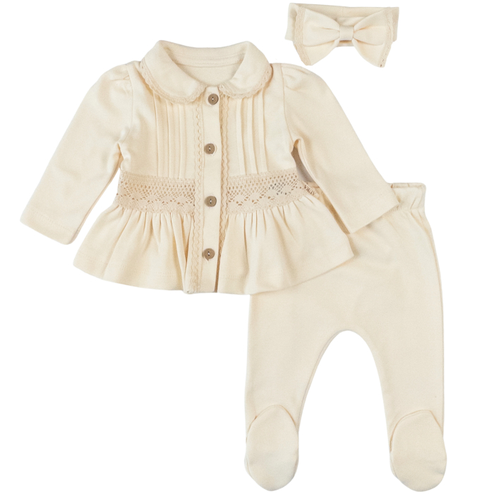 Set Elegant 3 Piese pentru Nou-Născuți, Dantelă și Bentiță, ivoire [2]