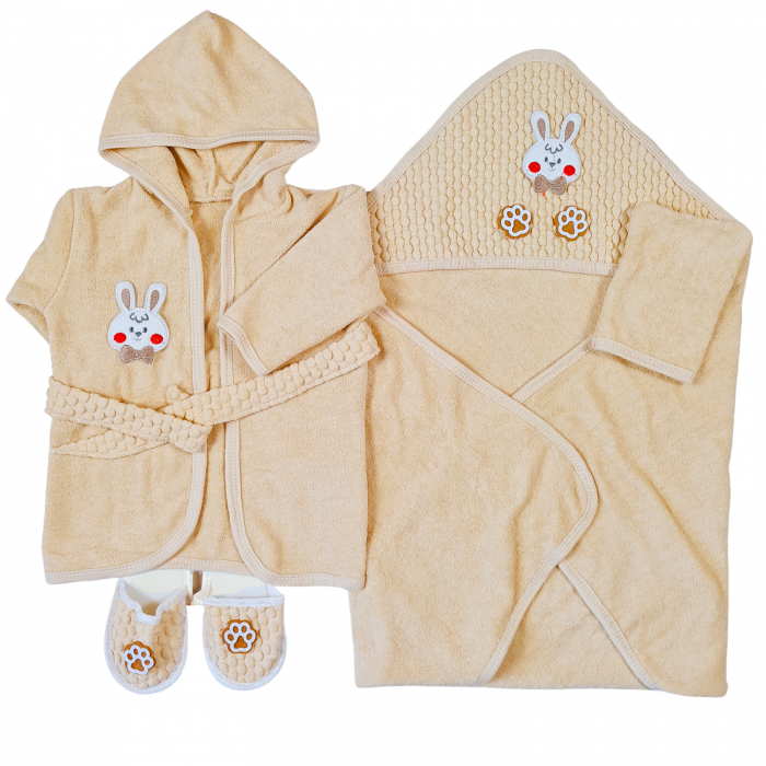 Set Halat, Prosop si papucei de baie pentru bebelusi, model Iepuras, 0-1 an [2]