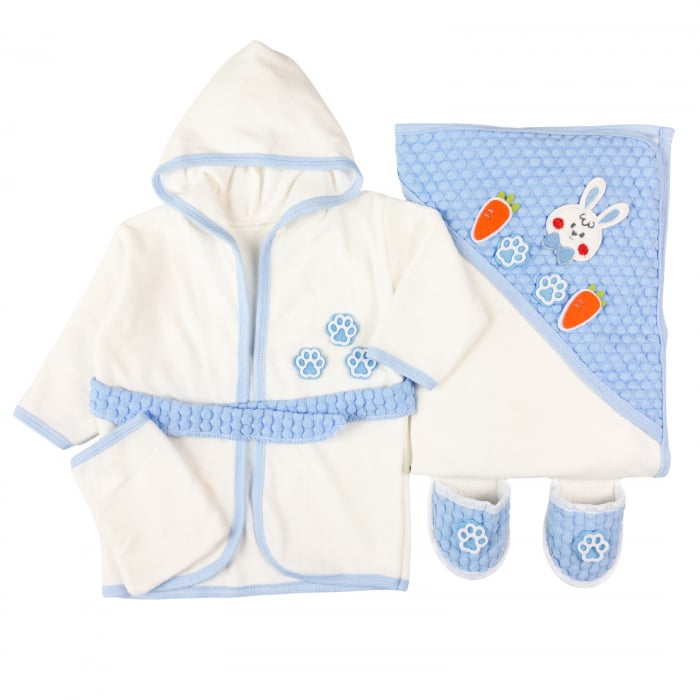 Set Halat, Prosop si papucei de baie pentru bebelusi, model Iepuras blue, 0-1 an [1]