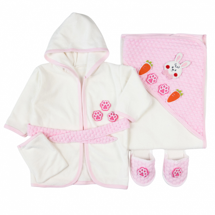 Set Halat, Prosop si papucei de baie pentru bebelusi, model Iepuras roz, 0-1 an [1]