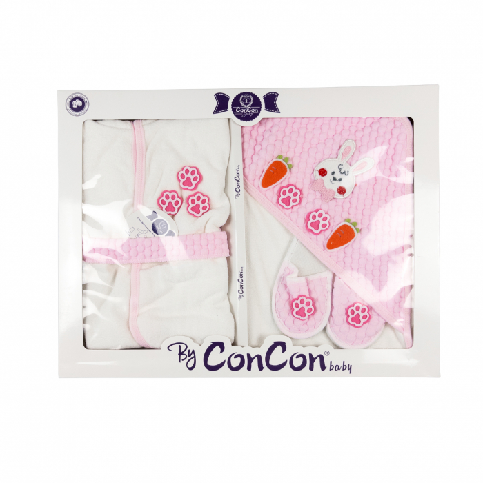 Set Halat, Prosop si papucei de baie pentru bebelusi, model Iepuras roz, 0-1 an [2]