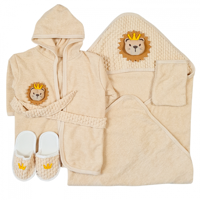 Set Halat, Prosop si papucei de baie pentru bebelusi, model Micul Leu, 0-1 an [2]