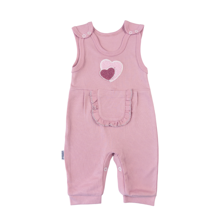 Set Salopetă, Body si Sosetele, model cu Inimioara, 3 Piese, Roz Pudra/Alb [2]