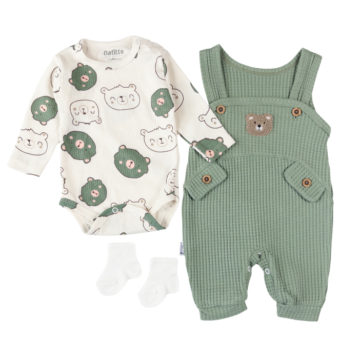 Set Salopetă și Body Ursuleț, 3 Piese, Verde/Alb [2]