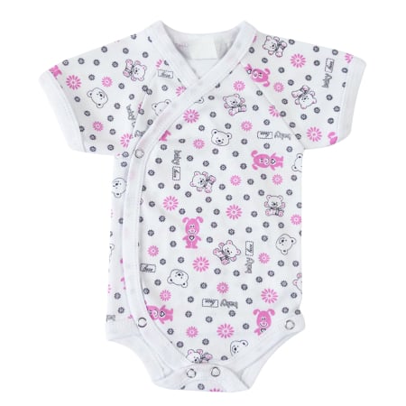 Haine bebelusi fete ❤️ - Body pentru Nou Nascuti, 100% Bumbac, Maneca Scurta, Imprimeu Ursuleți, Cățeluși si Floricele Roz