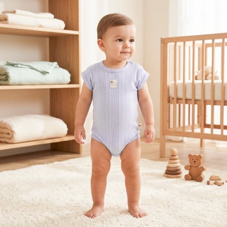 Haine bebelusi baieti ❤️ - Body Texturat Bebeluși, Mânecă Scurtă, Ursuleț, Albastru indigo