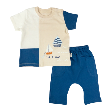 Haine bebelusi baieti ❤️ - Compleu 2 Piese Băieți, Model cu Design Nautic, Bleumarin/ Bej