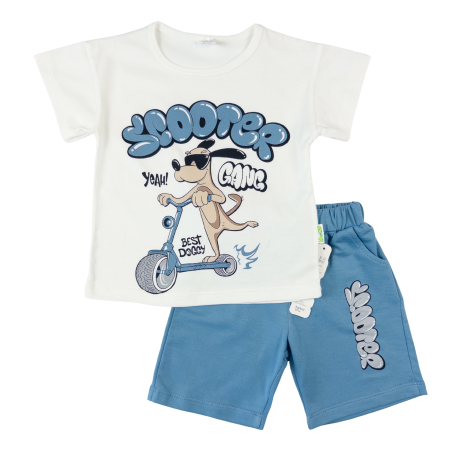Haine bebelusi baieti ❤️ - Compleu 2 Piese Băieți, Tricou Alb Imprimeu Cățeluș, Șort Albastru