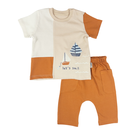 Haine bebelusi baieti ❤️ - Compleu 2 Piese Băieți, Model cu Design Nautic, Ocru/ Bej