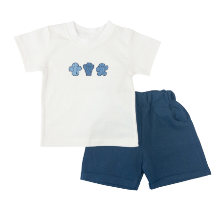 Haine bebelusi baieti ❤️ - Compleu de vară pentru băieței, tricou alb cu imprimeu cactus și pantaloni scurți bleumarin