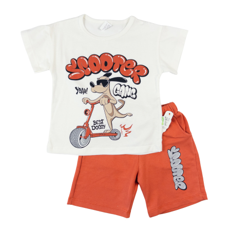 Haine bebelusi baieti ❤️ - Compleu 2 Piese Băieți, Tricou Alb Imprimeu Cățeluș, Șort Caramiziu