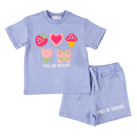 Haine bebelusi fete ❤️ - Compleu Fetițe model Full of Smiles, Tricou și Șort Lila, Imprimeu Pixel Art