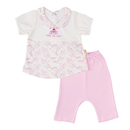 Haine bebelusi fete ❤️ - Compleu 2 Piese Fetițe cu Tricou Floral și Pantalonași Roz