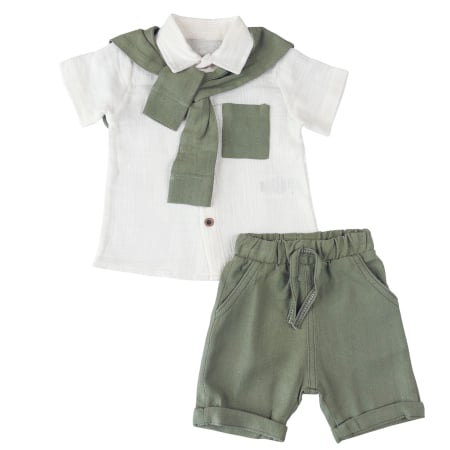 Compleuri bebelusi baieti - Costumaș Băieți Stil Preppy, Cămașă și Pantaloni Scurți, Alb/Verde