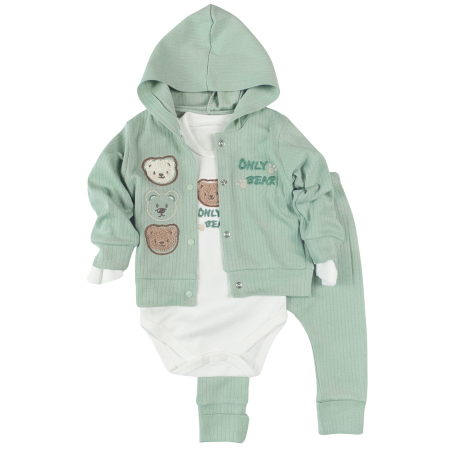 Haine bebelusi baieti ❤️ - Compleu 3 Piese Bebeluşi, model 3 Ursuleti, Vernil