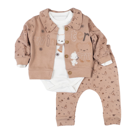 Haine bebelusi baieti ❤️ - Compleu 3 Piese Bebeluşi, model Micul Ursulet, culoare maro
