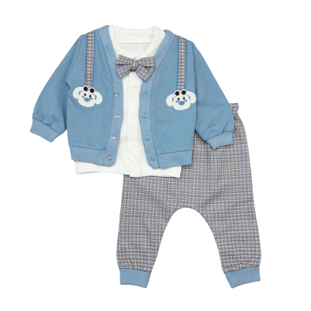 Imbracaminte nou-nascuti ❤️ - Compleu elegant 3 piese, pantaloni în carouri și jachetă cu papion, albastru