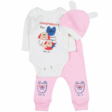 Haine bebelusi fete - Compleu 3 piese model Bunicii, culoare roz