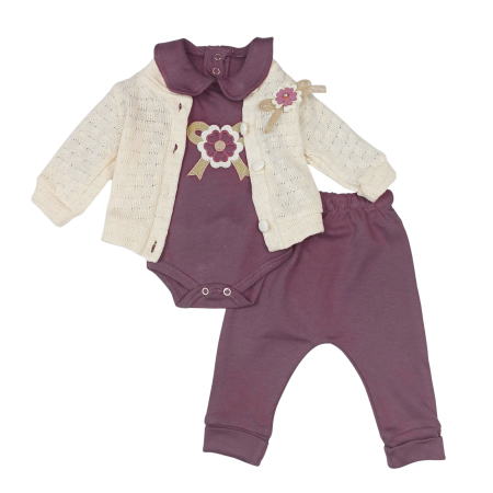 Seturi fetite - Compleu bebeluși fete 3 piese, cardigan tricotat cu flori decorative, mov