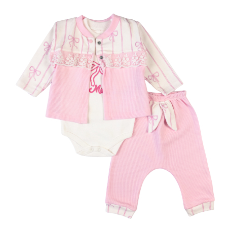 Imbracaminte nou-nascuti ❤️ - Compleu Bebeluși Fete 3 Piese Roz și Alb, Body cu Broderie Decorativă, Cardigan cu Dantelă Florală