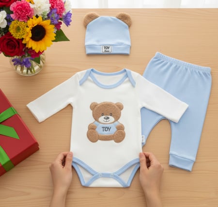 Compleuri bebelusi baieti - Compleu 3 piese pentru bebelusi, model Toy Blue