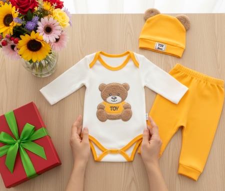 Compleuri bebelusi baieti - Compleu 3 piese pentru bebelusi, model Toy Galben