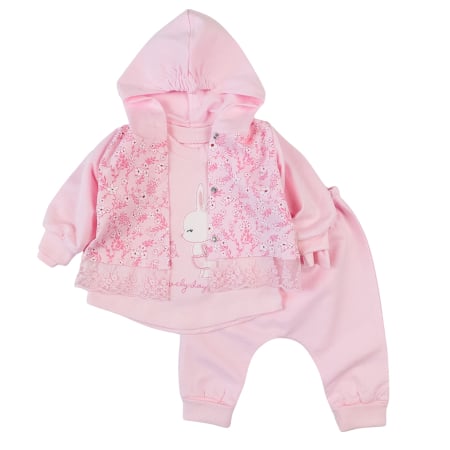Haine bebelusi fete - Compleu 3 piese pentru fetite, model cu Iepuras, roz