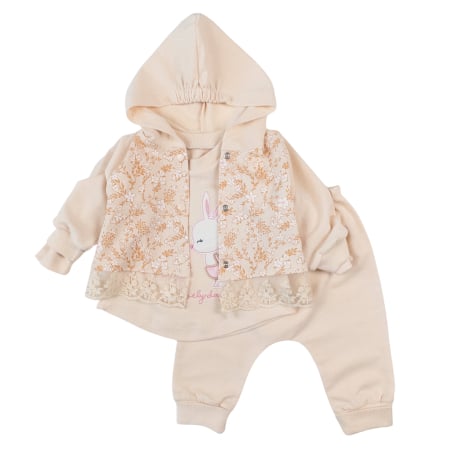 Haine bebelusi fete - Compleu 3 piese pentru fetite, model cu Iepuras, bej