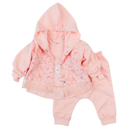 Haine bebelusi fete - Compleu 3 piese pentru fetite, model cu Iepuras, coral