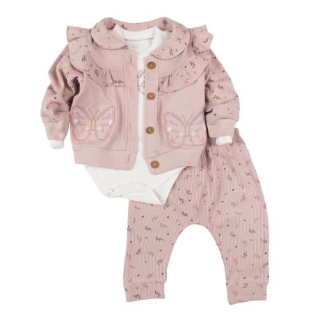 Haine bebelusi fete - Compleu 3 piese pentru fetite, model Fluturasi, Cafeniu