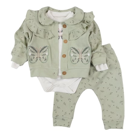 Haine bebelusi fete - Compleu 3 piese pentru fetite, model Fluturasi, Vernil