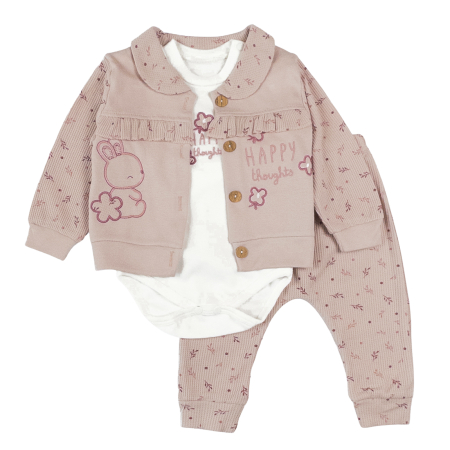 Haine bebelusi fete ❤️ - Compleu 3 piese pentru fetite, model Iepuras, cafeniu