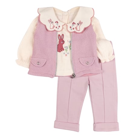 Haine bebelusi fete - Compleu 3 piese pentru fetite, model Iepuras, Sidefat