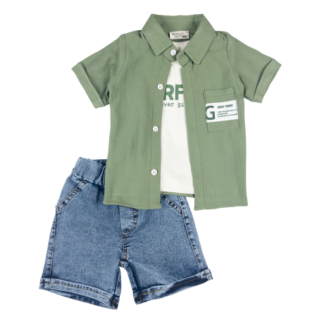 Haine bebelusi baieti ❤️ - Compleu 3 Piese Băieței, Cămașă Verde Texturată, Maiou Alb și Șort Denim