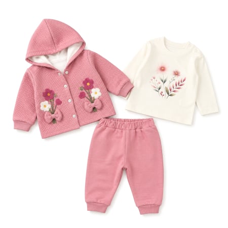 Seturi fetite - Compleu bebelusi 3 piese, model floral cu fundițe