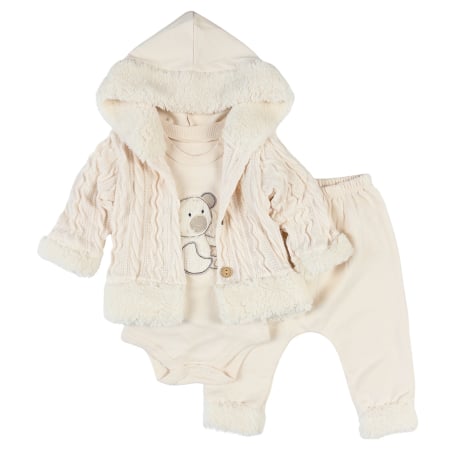 Haine bebelusi fete ❤️ - Compleu pentru bebelusi, model crem cu ursuleț și cardigan cu glugă, 3 piese