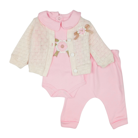 Seturi fetite - Compleu bebeluși fete 3 piese, cardigan tricotat cu flori decorative, roz