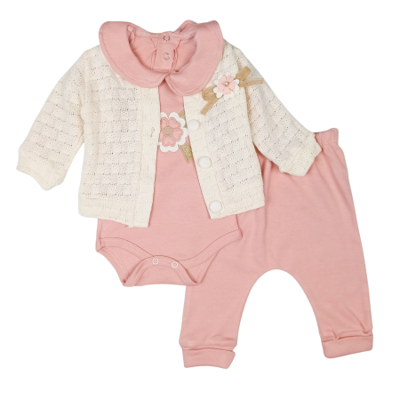 Seturi fetite - Compleu bebeluși fete 3 piese, cardigan tricotat cu flori decorative