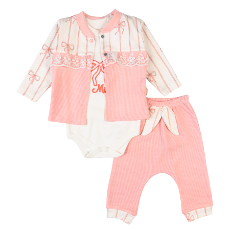 Imbracaminte nou-nascuti ❤️ - Compleu Bebeluși Fete 3 Piese Roz Coral și Alb, Body cu Broderie Decorativă, Cardigan cu Dantelă Florală