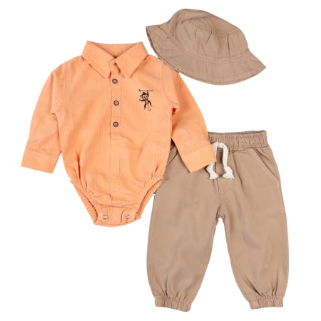 Compleuri bebelusi baieti - Compleu Micul Explorator, Cămașă tip Body, Pantaloni și Pălăriuță de Soare