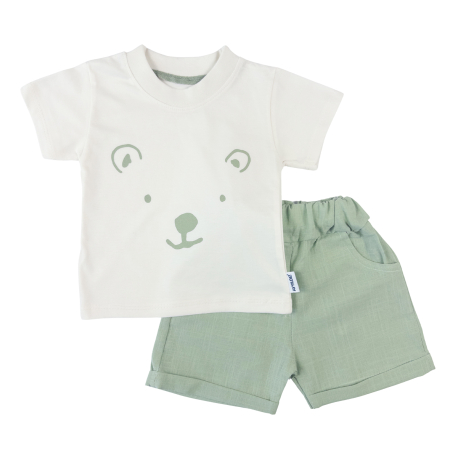 Haine bebelusi baieti ❤️ - Compleu de vară pentru băieței, tricou cu imprimeu ursulet și pantaloni scurți verde deschis
