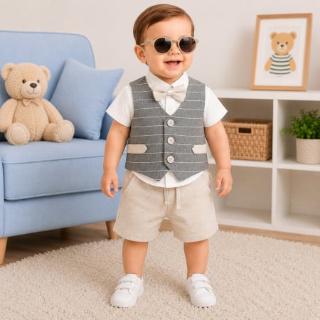 Haine bebelusi baieti ❤️ - Compleu Elegant Băieței, 3 Piese, Detalii cu Papion, Design Clasic-Modern