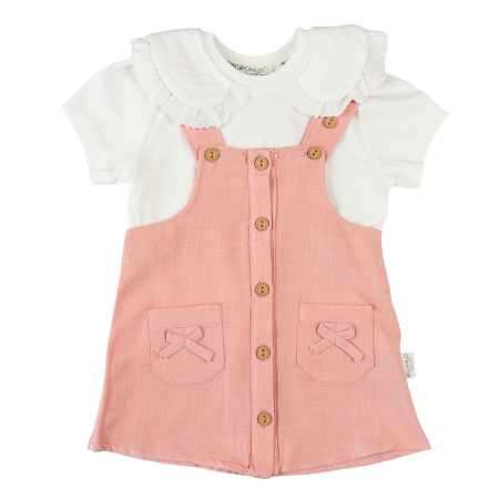 Haine bebelusi fete ❤️ - Compleu Fetițe 2 Piese, Sarafan Roz cu Nasturi și Bluza cu Guler brodat