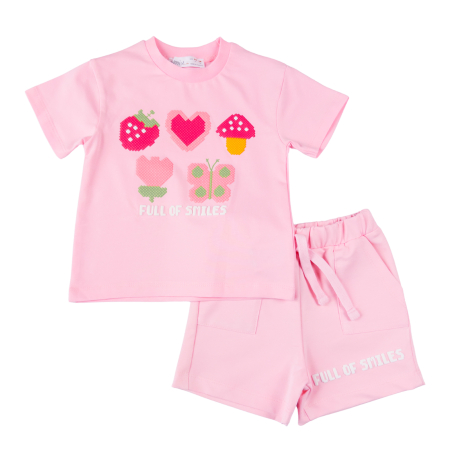 Haine bebelusi fete ❤️ - Compleu Fetițe model Full of Smiles, Tricou și Șort Roz, Imprimeu Pixel Art