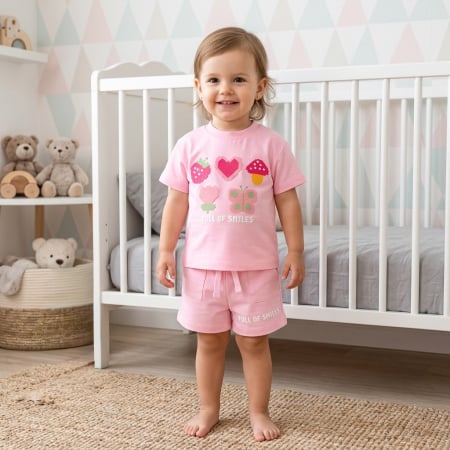 Haine bebelusi fete ❤️ - Compleu Fetițe model Full of Smiles, Tricou și Șort Roz, Imprimeu Pixel Art