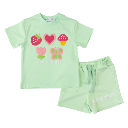 Haine bebelusi fete ❤️ - Compleu Fetițe model Full of Smiles, Tricou și Șort Verde Deschis, Imprimeu Pixel Art