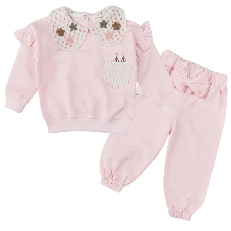 Haine bebelusi fete ❤️ - Compleu Fetițe Roz Pudrat cu Detalii Guler Brodat