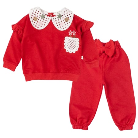 Haine bebelusi fete ❤️ - Compleu Fetițe Roz Pudrat cu Detalii Guler Brodat, rosu