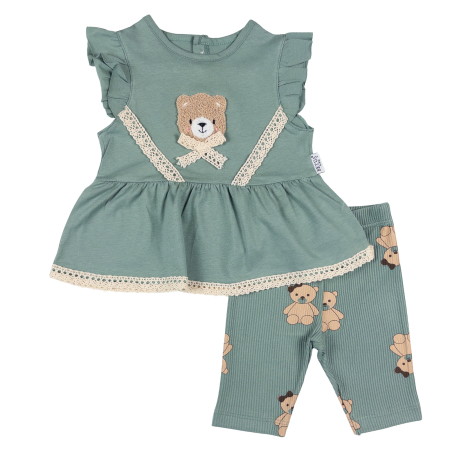 Haine bebelusi fete ❤️ - Costumaș Casual Fetițe, Bluziță tip Rochiță cu Volănașe și Colanți Trei Sferturi, Verde Salvie